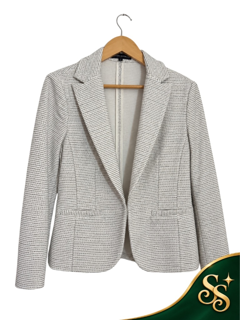 Blazer Amanda + Chelsea Size L White Black Striped Textured Open Front